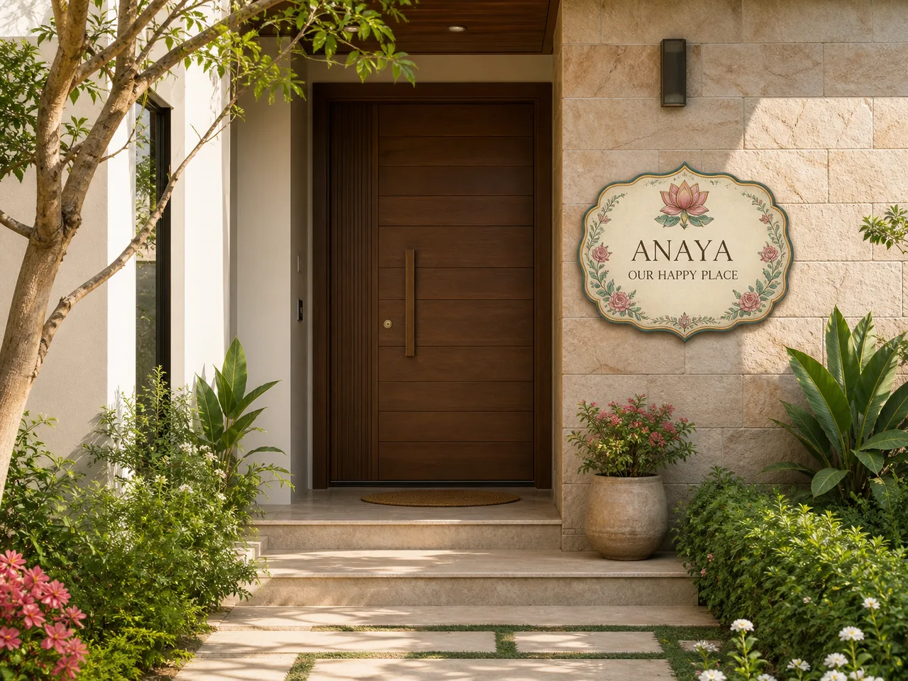 Anaya Lotus scallop name plate shown at a complete Indian home entrance