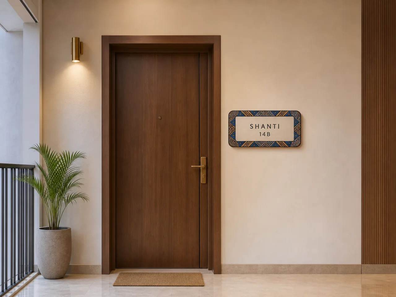 Shanti Modern geometric name plate shown at a complete Indian home entrance